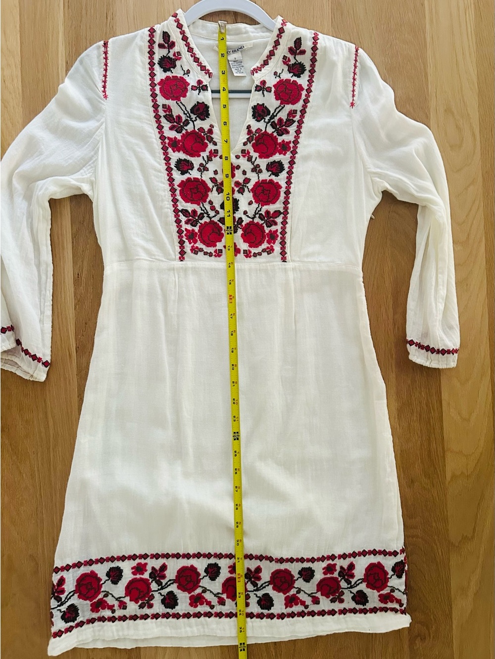 Lucky Brand Cream 100% airy cotton Dress with Red Floral Embroidery, small